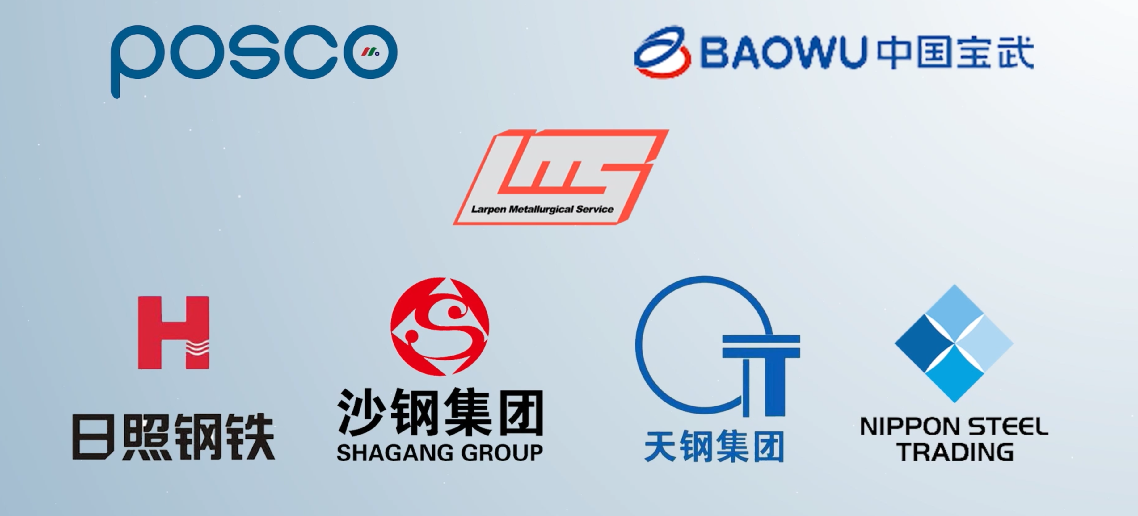 Customer logos: POSCO, BAOWU, Larpen Metallurgical Service, Rizhao Steel, Shagang Group, Tiangang Group, Nippon Steel Trading